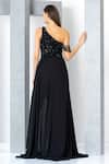 Shop_Eli Bitton_Black Chiffon, Polyester Sequins, Beads Asymmetric Embroidered One Shoulder Gown _at_Aza_Fashions