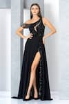 Eli Bitton_Black Chiffon, Polyester Sequins, Beads Asymmetric Embroidered One Shoulder Gown _Online_at_Aza_Fashions