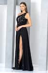 Shop_Eli Bitton_Black Chiffon, Polyester Sequins, Beads Asymmetric Embroidered One Shoulder Gown _Online_at_Aza_Fashions