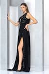 Eli Bitton_Black Chiffon, Polyester Sequins, Beads Asymmetric Embroidered One Shoulder Gown _at_Aza_Fashions