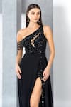 Buy_Eli Bitton_Black Chiffon, Polyester Sequins, Beads Asymmetric Embroidered One Shoulder Gown 