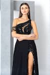 Shop_Eli Bitton_Black Chiffon, Polyester Sequins, Beads Asymmetric Embroidered One Shoulder Gown 