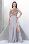 Buy Eli Bitton Silver Chiffon, Polyester Sequins, Beads Embroidered One Shoulder Gown at Aza Fashions Buy_Eli Bitton_Silver Chiffon, Polyester Sequins, Beads Embroidered One Shoulder Gown _at_Aza_Fashions
