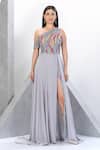 Eli Bitton Silver Chiffon, Polyester Sequins, Beads Embroidered One Shoulder Gown Online at Aza Fashions Eli Bitton_Silver Chiffon, Polyester Sequins, Beads Embroidered One Shoulder Gown _Online_at_Aza_Fashions