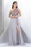 Buy Eli Bitton Silver Chiffon, Polyester Sequins, Beads Embroidered One Shoulder Gown Online at Aza Fashions Buy_Eli Bitton_Silver Chiffon, Polyester Sequins, Beads Embroidered One Shoulder Gown _Online_at_Aza_Fashions