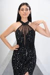 Shop_Eli Bitton_Black Net Embroidery Pearl Halter Neck Gown _Online_at_Aza_Fashions