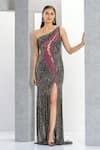 Buy_Eli Bitton_Grey Net Embroidery Crystal Asymmetric Hellena Gown _at_Aza_Fashions