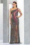 Eli Bitton_Grey Net Embroidery Crystal Asymmetric Hellena Gown _Online_at_Aza_Fashions