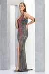 Buy_Eli Bitton_Grey Net Embroidery Crystal Asymmetric Hellena Gown _Online_at_Aza_Fashions