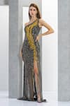 Eli Bitton_Grey Net Embroidery Crystal Asymmetric Hellena Bead Gown _Online_at_Aza_Fashions