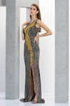 Buy_Eli Bitton_Grey Net Embroidery Crystal Asymmetric Hellena Bead Gown _Online_at_Aza_Fashions