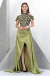 Buy_Eli Bitton_Green Net Embroidery Sequin Halter Neck Andrea Cold Shoulder Gown With Skirt _at_Aza_Fashions