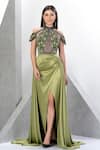 Eli Bitton_Green Net Embroidery Sequin Halter Neck Andrea Cold Shoulder Gown With Skirt _Online_at_Aza_Fashions