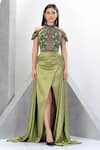 Buy_Eli Bitton_Green Net Embroidery Sequin Halter Neck Andrea Cold Shoulder Gown With Skirt _Online_at_Aza_Fashions