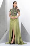 Shop_Eli Bitton_Green Net Embroidery Sequin Halter Neck Andrea Cold Shoulder Gown With Skirt _Online_at_Aza_Fashions