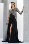 Buy Eli Bitton Black Net, Chiffon, Polyester Crystals Asymmetric One Shoulder Embroidered Gown Online at Aza Fashions Buy_Eli Bitton_Black Net, Chiffon, Polyester Crystals Asymmetric One Shoulder Embroidered Gown _Online_at_Aza_Fashions