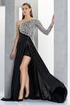 Shop Eli Bitton Black Net, Chiffon, Polyester Crystals Asymmetric One Shoulder Embroidered Gown Online at Aza Fashions Shop_Eli Bitton_Black Net, Chiffon, Polyester Crystals Asymmetric One Shoulder Embroidered Gown _Online_at_Aza_Fashions