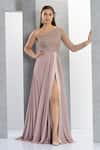 Buy_Eli Bitton_Peach Net, Chiffon, Linen Crystals One Shoulder Thread Embroidered Gown _at_Aza_Fashions