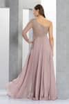 Shop_Eli Bitton_Peach Net, Chiffon, Linen Crystals One Shoulder Thread Embroidered Gown _at_Aza_Fashions