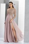 Eli Bitton_Peach Net, Chiffon, Linen Crystals One Shoulder Thread Embroidered Gown _Online_at_Aza_Fashions