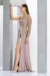 Shop_Eli Bitton_Peach Net, Chiffon, Linen Crystals One Shoulder Thread Embroidered Gown _Online_at_Aza_Fashions