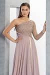Eli Bitton_Peach Net, Chiffon, Linen Crystals One Shoulder Thread Embroidered Gown _at_Aza_Fashions