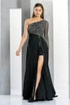 Buy_Eli Bitton_Black Net Embroidery Crystal Asymmetric One Shoulder Stripe Pattern Gown _at_Aza_Fashions