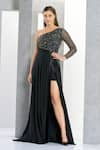 Eli Bitton_Black Net Embroidery Crystal Asymmetric One Shoulder Stripe Pattern Gown _Online_at_Aza_Fashions