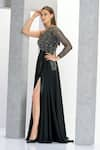 Buy_Eli Bitton_Black Net Embroidery Crystal Asymmetric One Shoulder Stripe Pattern Gown _Online_at_Aza_Fashions