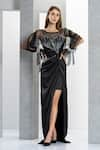 Buy_Eli Bitton_Black Net Embroidery Sequin Gown V Neck Bead With Overlay _at_Aza_Fashions