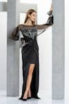 Eli Bitton_Black Net Embroidery Sequin Gown V Neck Bead With Overlay _at_Aza_Fashions