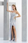 Eli Bitton_Silver Satin Crystals, Beads V-neck And Embroidered Gown _Online_at_Aza_Fashions