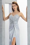 Shop_Eli Bitton_Silver Satin Crystals, Beads V-neck And Embroidered Gown _Online_at_Aza_Fashions