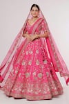 Buy_Sanjana Thakur_Pink Pure Raw Silk Hand Embroidered Thread V Neck And Zari Bridal Lehenga Set _at_Aza_Fashions