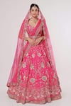 Buy_Sanjana Thakur_Pink Pure Raw Silk Hand Embroidered Thread V Neck And Zari Bridal Lehenga Set _Online_at_Aza_Fashions