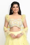 Shop_Sanjana Thakur_Yellow 100% Nylon Net Embroidered French Knots Ruffled Lehenga Blouse Set _Online_at_Aza_Fashions