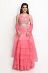 Buy_Sanjana Thakur_Peach Viscose Organza Embroidered French Knots V Mermaid Lehenga Blouse Set _Online_at_Aza_Fashions