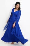 Sanjana Thakur_Blue Viscose Georgette Plain V Neck Long Drape Sleeve Gown_Online_at_Aza_Fashions