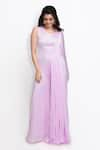 Buy_Sanjana Thakur_Purple 100 % Viscose Satin Plain Round Neck Pleated Drape Attached Jumpsuit _Online_at_Aza_Fashions