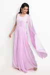 Shop_Sanjana Thakur_Purple 100 % Viscose Satin Plain Round Neck Pleated Drape Attached Jumpsuit _Online_at_Aza_Fashions