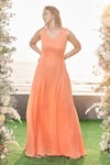 Buy_Sanjana Thakur_Orange 100% Georgette Plain V Neck Cinched Waist Gown _at_Aza_Fashions