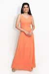 Sanjana Thakur_Orange 100% Georgette Plain V Neck Cinched Waist Gown _Online_at_Aza_Fashions