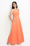 Buy_Sanjana Thakur_Orange 100% Georgette Plain V Neck Cinched Waist Gown _Online_at_Aza_Fashions