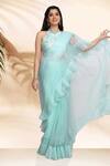 Sanjana Thakur_Blue Viscose Organza Hand Embroidery Floral Pre-draped Saree With Blouse _Online_at_Aza_Fashions