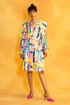 Buy Pooja Shroff Multi Color Satin Round Neck Abstract Print Balloon Sleeve Dress at Aza Fashions Buy_Pooja Shroff_Multi Color Satin Round Neck Abstract Print Balloon Sleeve Dress_at_Aza_Fashions