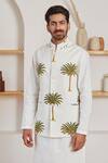 Label Kheerganga_White Cotton Palm And Polka Dots Nehru Jacket_Online_at_Aza_Fashions