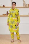 Buy_Label Kheerganga_Yellow Cotton Woven Summer Collared Vanaspati Printed Shirt Kurta And Pant Set _at_Aza_Fashions