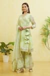 Buy_Samyukta Singhania_Green Georgette Embroidered Gota Leaf Neck Wrap-over Anarkali Sharara Set _at_Aza_Fashions