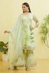 Samyukta Singhania_Green Georgette Embroidered Gota Leaf Neck Wrap-over Anarkali Sharara Set _Online_at_Aza_Fashions