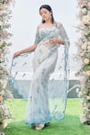 Buy_Sanjana Thakur_Blue 100% Nylon Net Embroidered Zardozi Square Neck Saree And Blouse Set _Online_at_Aza_Fashions